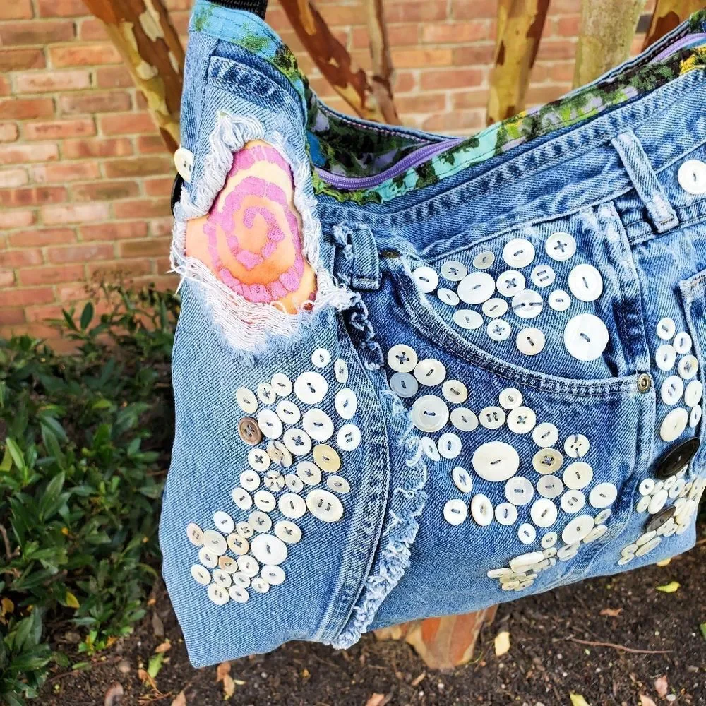 Handmade Recycled Denim Button Detail Gypsy Boho Crossbody Bag.